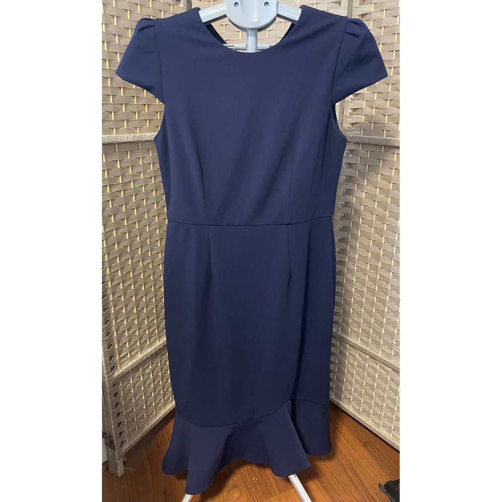 Betsey Johnson Navy Blue Ruffle Hem Sheath Dress Puff Sleeve Size 6